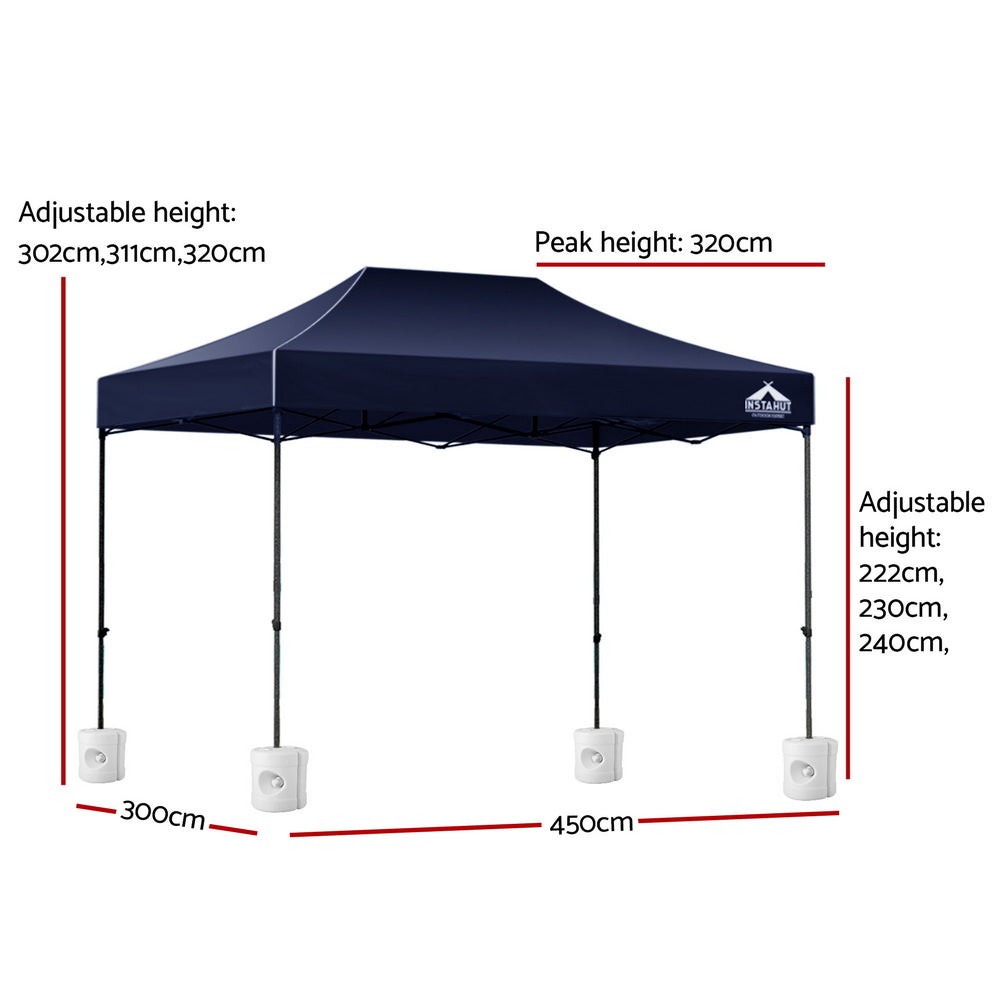 Instahut Gazebo Pop Up 3x4.5m w/Base Podx4 Marquee Folding Outdoor Wedding Camping Tent Shade Canopy Navy GAZEBO-T-3X45-F-NA-BASE