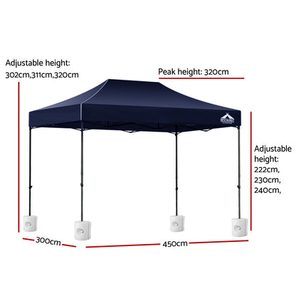 Instahut Gazebo Pop Up 3x4.5m w/Base Podx4 Marquee Folding Outdoor Wedding Camping Tent Shade Canopy Navy GAZEBO-T-3X45-F-NA-BASE
