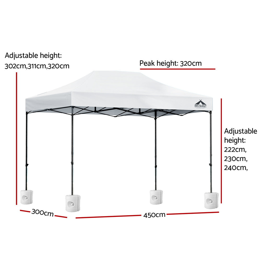 Instahut Gazebo Pop Up 3x4.5m w/Base Podx4 Marquee Folding Outdoor Wedding Camping Tent Shade Canopy White GAZEBO-T-3X45-F-WH-BASE