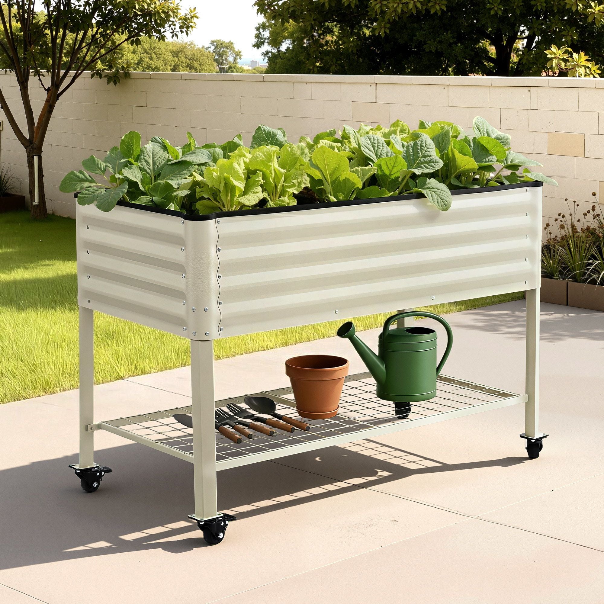 Green Fingers Mobile Raised Garden Bed With Wheels Storage Shelf 81cm Height for Vegetables Herb White GB-AG-PLAT-WLS-WH