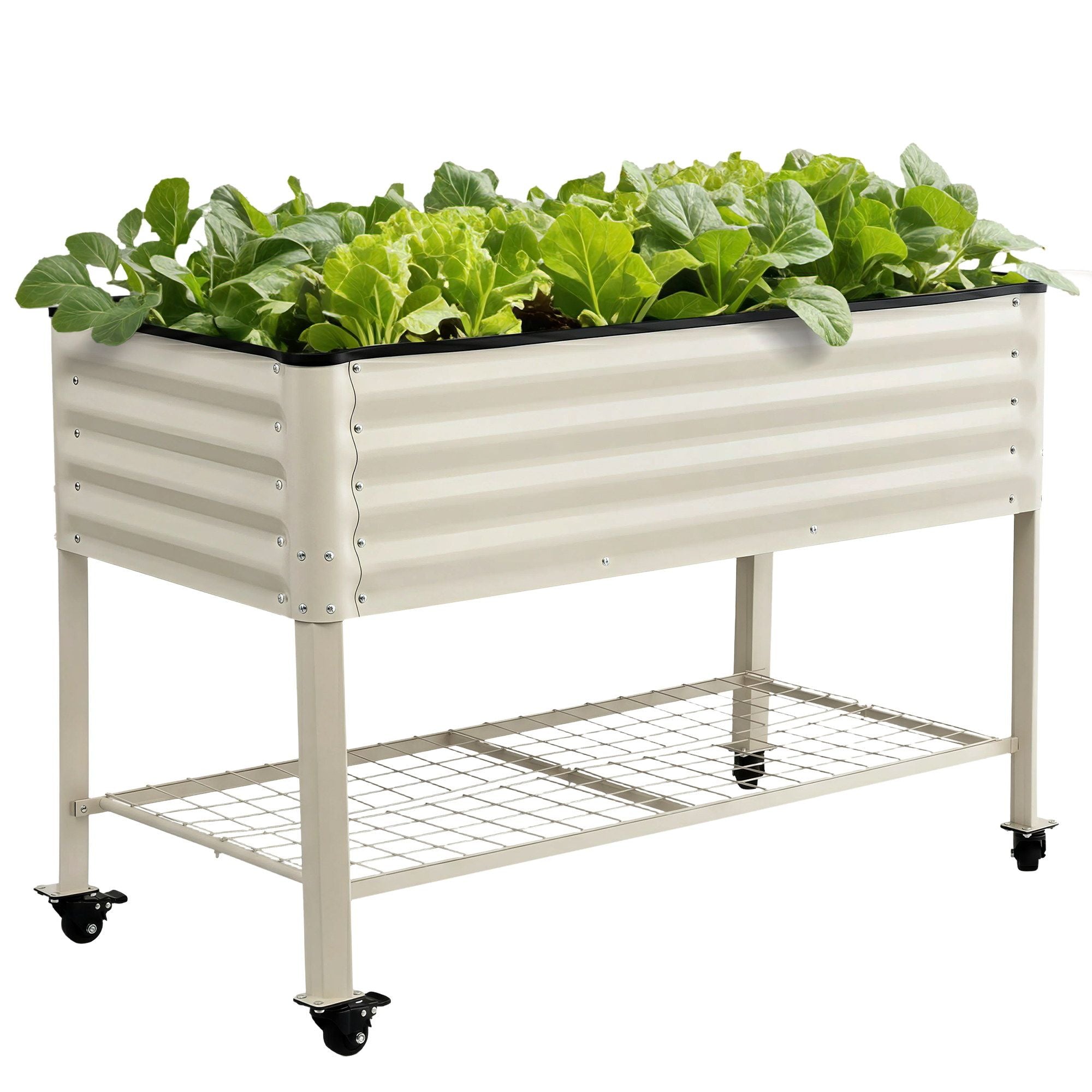 Green Fingers Mobile Raised Garden Bed With Wheels Storage Shelf 81cm Height for Vegetables Herb White GB-AG-PLAT-WLS-WH
