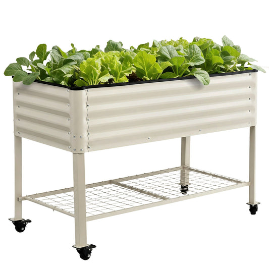 Green Fingers Mobile Raised Garden Bed With Wheels Storage Shelf 81cm Height for Vegetables Herb White GB-AG-PLAT-WLS-WH
