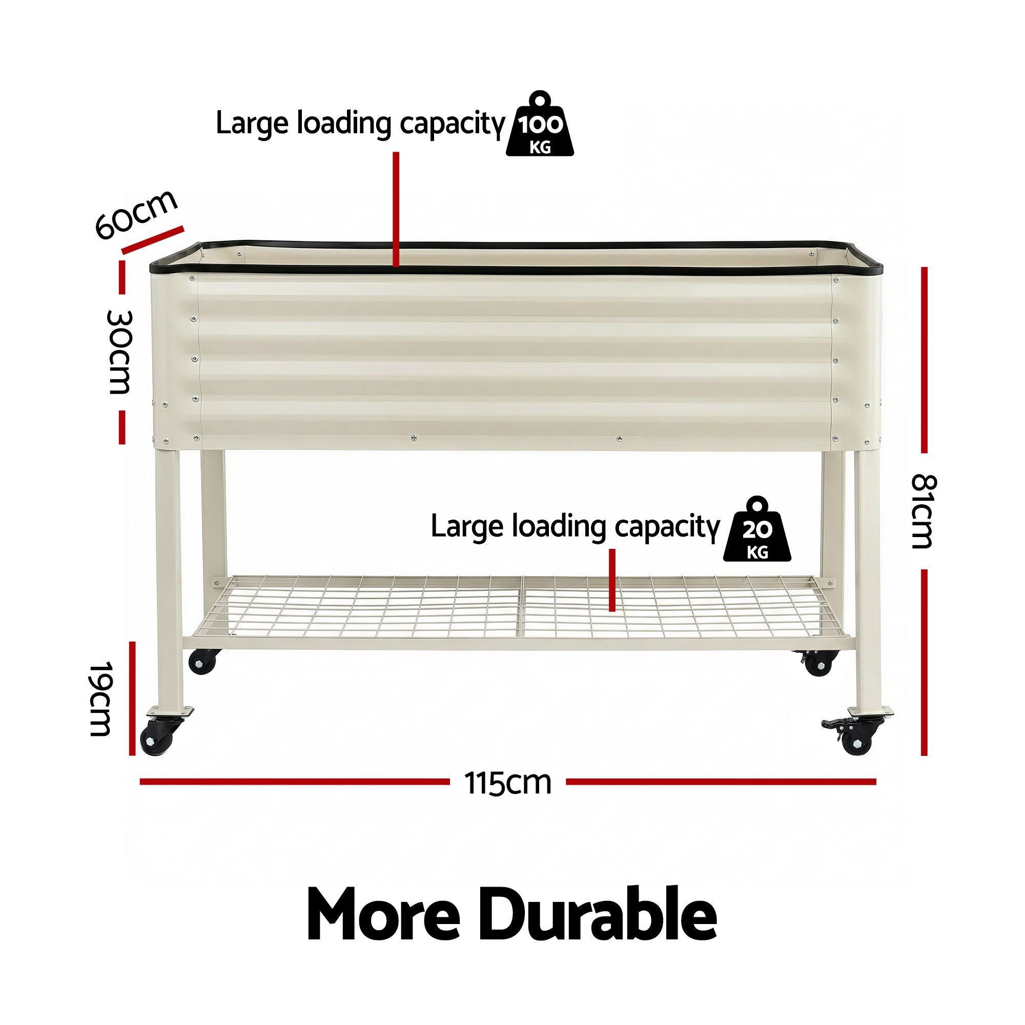 Green Fingers Mobile Raised Garden Bed With Wheels Storage Shelf 81cm Height for Vegetables Herb White GB-AG-PLAT-WLS-WH