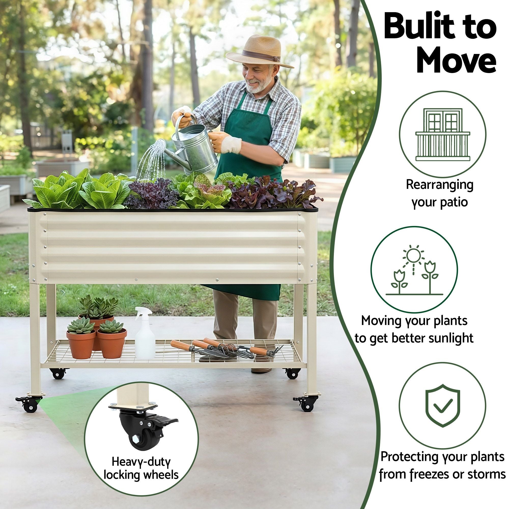 Green Fingers Mobile Raised Garden Bed With Wheels Storage Shelf 81cm Height for Vegetables Herb White GB-AG-PLAT-WLS-WH