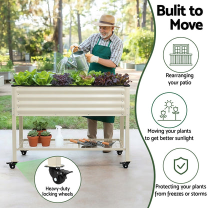 Green Fingers Mobile Raised Garden Bed With Wheels Storage Shelf 81cm Height for Vegetables Herb White GB-AG-PLAT-WLS-WH