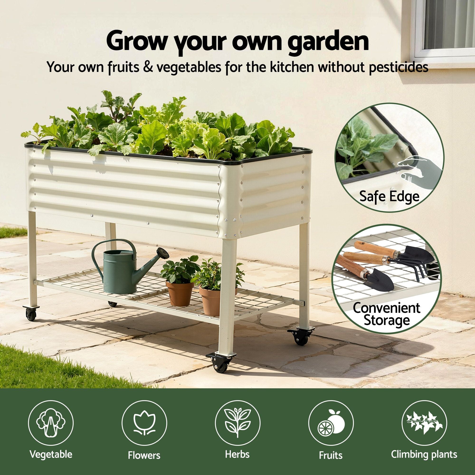 Green Fingers Mobile Raised Garden Bed With Wheels Storage Shelf 81cm Height for Vegetables Herb White GB-AG-PLAT-WLS-WH