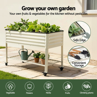 Green Fingers Mobile Raised Garden Bed With Wheels Storage Shelf 81cm Height for Vegetables Herb White GB-AG-PLAT-WLS-WH
