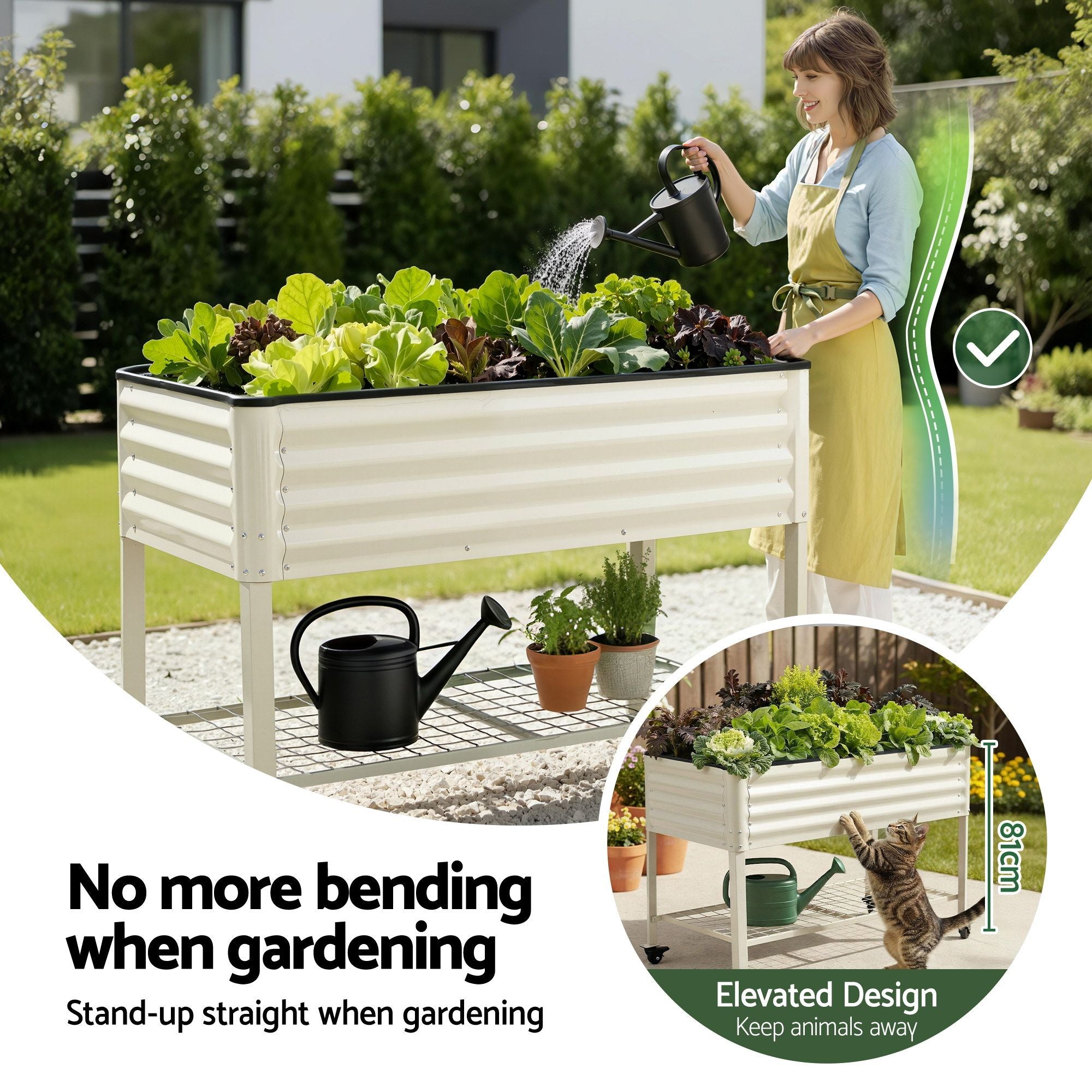 Green Fingers Mobile Raised Garden Bed With Wheels Storage Shelf 81cm Height for Vegetables Herb White GB-AG-PLAT-WLS-WH
