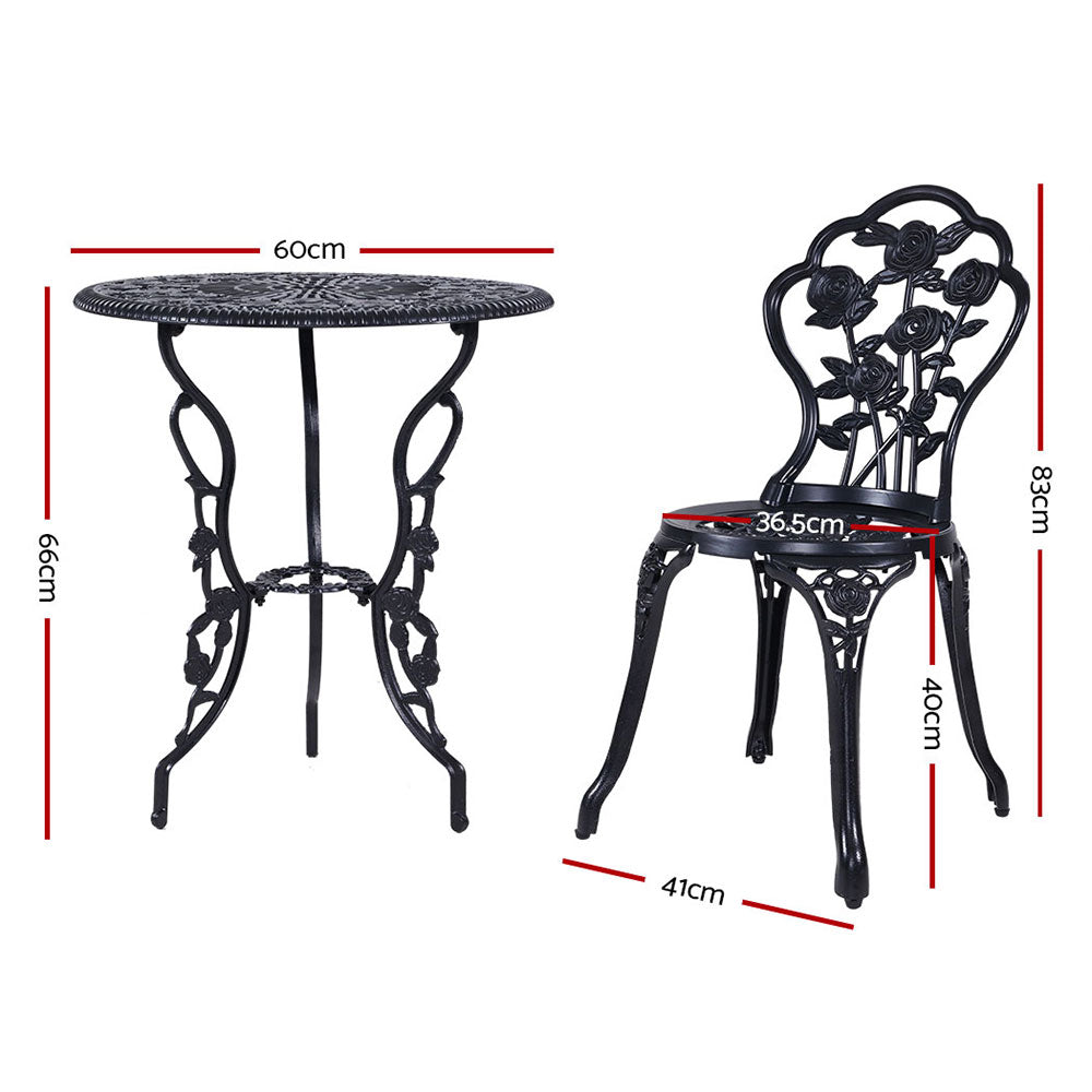 Gardeon 3PC Outdoor Setting Bistro Set Chairs Table Cast Aluminum Rose Black GB-CALU-3PC-XG1015-BK