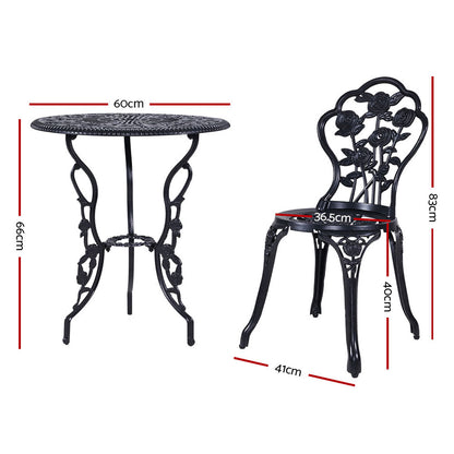 Gardeon 3PC Outdoor Setting Bistro Set Chairs Table Cast Aluminum Rose Black GB-CALU-3PC-XG1015-BK