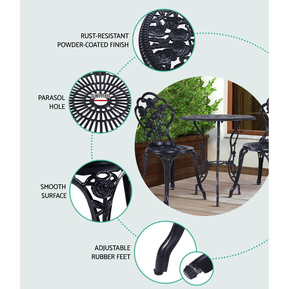 Gardeon 3PC Outdoor Setting Bistro Set Chairs Table Cast Aluminum Rose Black GB-CALU-3PC-XG1015-BK