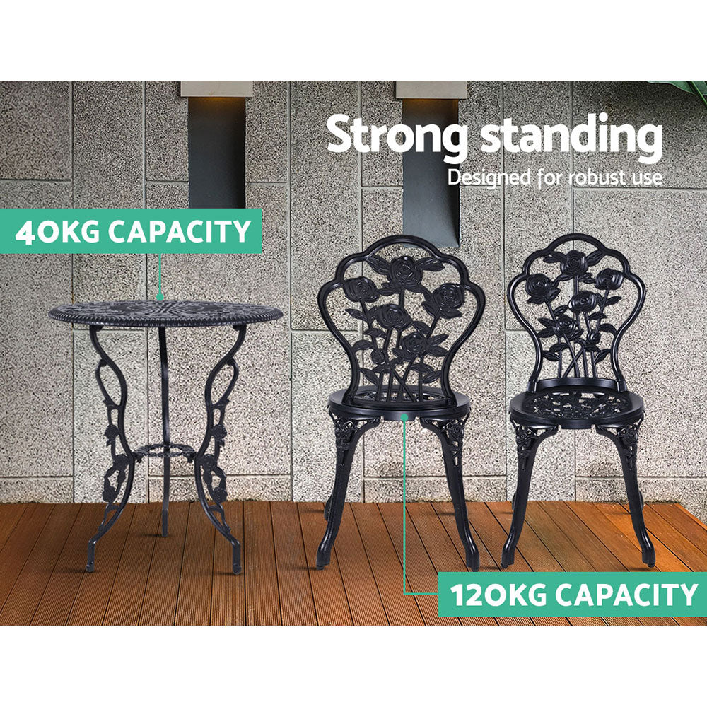 Gardeon 3PC Outdoor Setting Bistro Set Chairs Table Cast Aluminum Rose Black GB-CALU-3PC-XG1015-BK