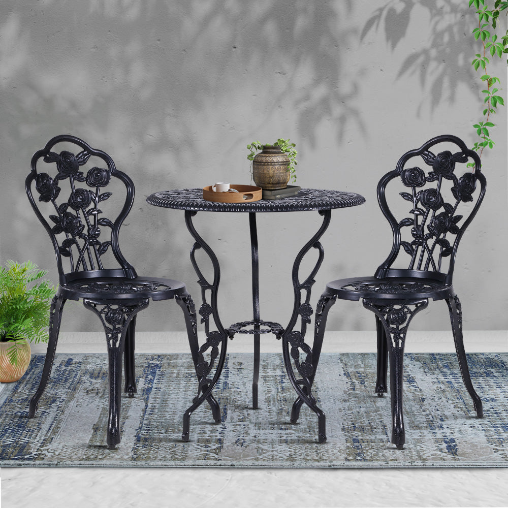 Gardeon 3PC Outdoor Setting Bistro Set Chairs Table Cast Aluminum Rose Black GB-CALU-3PC-XG1015-BK