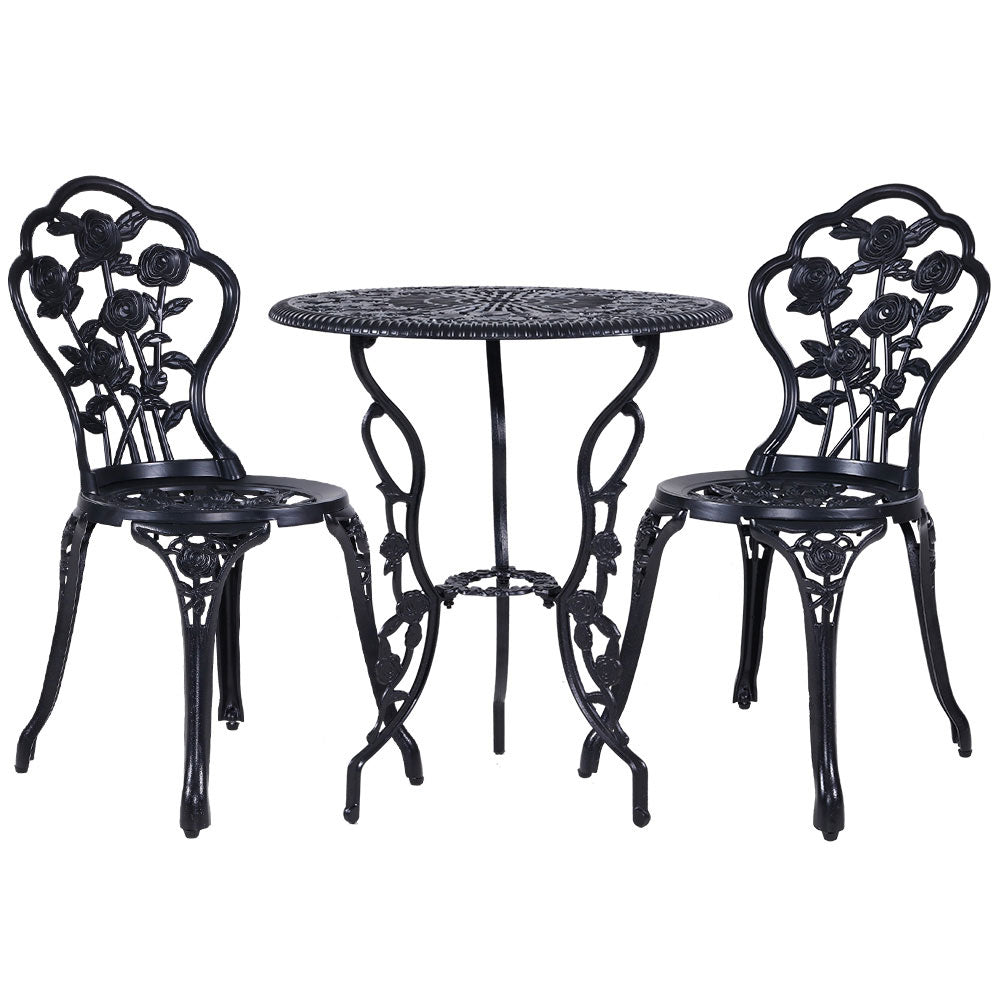 Gardeon 3PC Outdoor Setting Bistro Set Chairs Table Cast Aluminum Rose Black GB-CALU-3PC-XG1015-BK