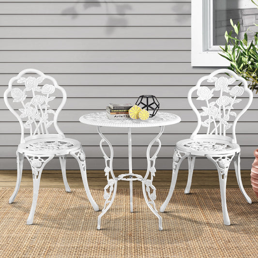 Gardeon 3PC Outdoor Setting Bistro Set Chairs Table Cast Aluminum Patio Furniture Rose White GB-CALU-3PC-XG1015-WH