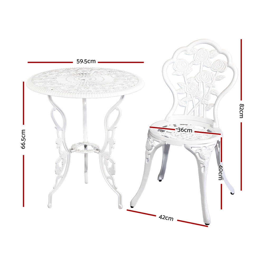 Gardeon 3PC Outdoor Setting Bistro Set Chairs Table Cast Aluminum Patio Furniture Rose White GB-CALU-3PC-XG1015-WH
