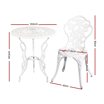 Gardeon 3PC Outdoor Setting Bistro Set Chairs Table Cast Aluminum Patio Furniture Rose White GB-CALU-3PC-XG1015-WH
