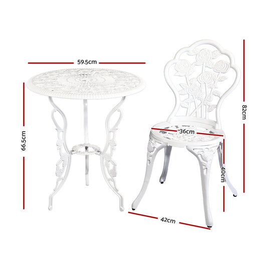 Gardeon 3PC Outdoor Setting Bistro Set Chairs Table Cast Aluminum Patio Furniture Rose White GB-CALU-3PC-XG1015-WH