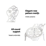 Gardeon 3PC Outdoor Setting Bistro Set Chairs Table Cast Aluminum Patio Furniture Rose White GB-CALU-3PC-XG1015-WH