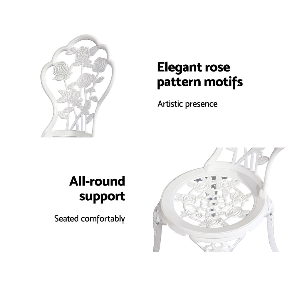Gardeon 3PC Outdoor Setting Bistro Set Chairs Table Cast Aluminum Patio Furniture Rose White GB-CALU-3PC-XG1015-WH