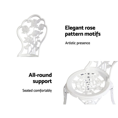 Gardeon 3PC Outdoor Setting Bistro Set Chairs Table Cast Aluminum Patio Furniture Rose White GB-CALU-3PC-XG1015-WH