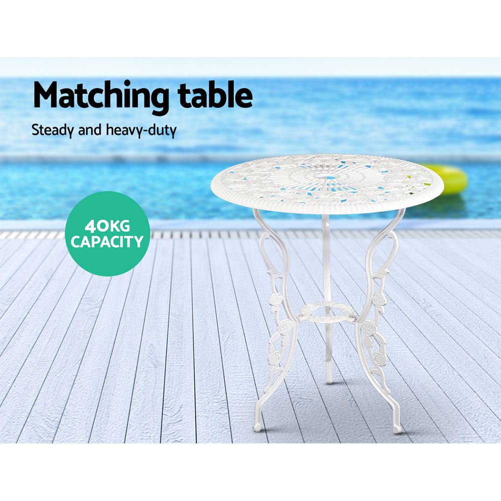 Gardeon 3PC Outdoor Setting Bistro Set Chairs Table Cast Aluminum Patio Furniture Rose White GB-CALU-3PC-XG1015-WH