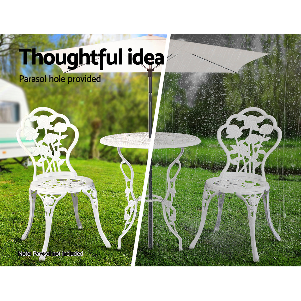 Gardeon 3PC Outdoor Setting Bistro Set Chairs Table Cast Aluminum Patio Furniture Rose White GB-CALU-3PC-XG1015-WH
