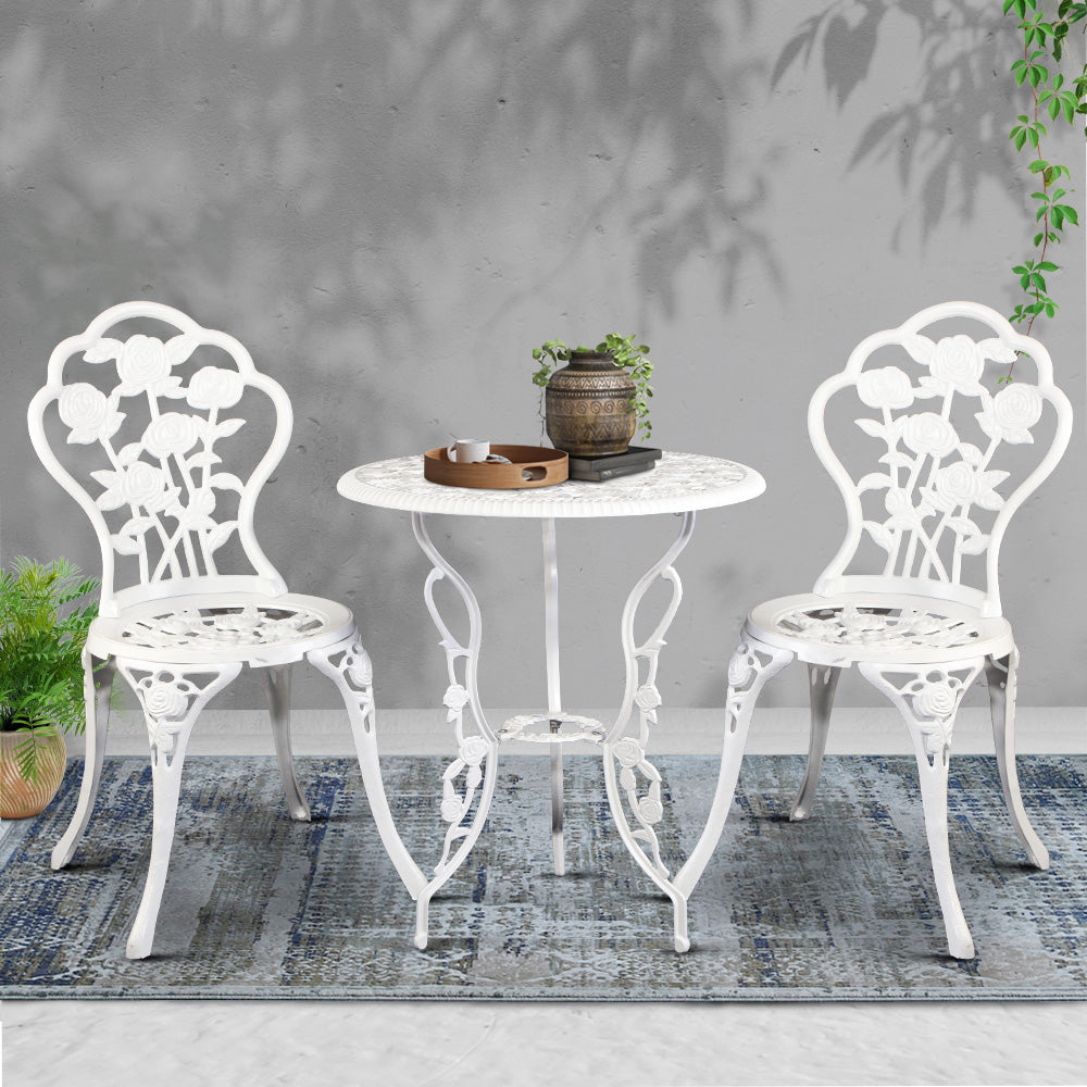 Gardeon 3PC Outdoor Setting Bistro Set Chairs Table Cast Aluminum Patio Furniture Rose White GB-CALU-3PC-XG1015-WH