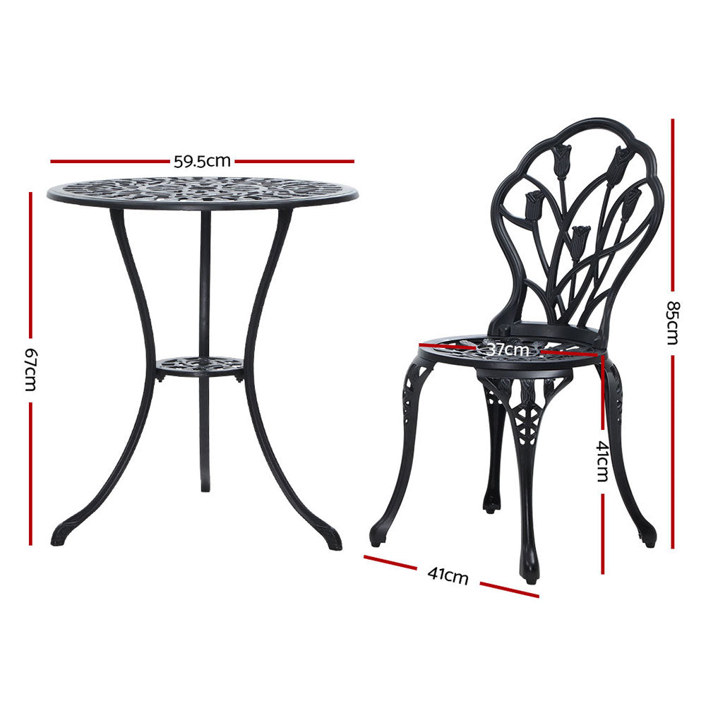 Gardeon 3PC Outdoor Setting Bistro Set Chairs Table Cast Aluminum Patio Furniture Tulip Black GB-CALU-3PC-XG1018-BK