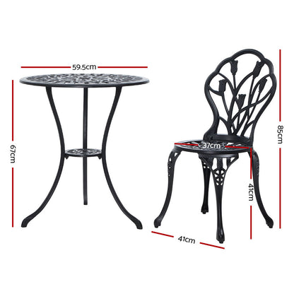 Gardeon 3PC Outdoor Setting Bistro Set Chairs Table Cast Aluminum Patio Furniture Tulip Black GB-CALU-3PC-XG1018-BK