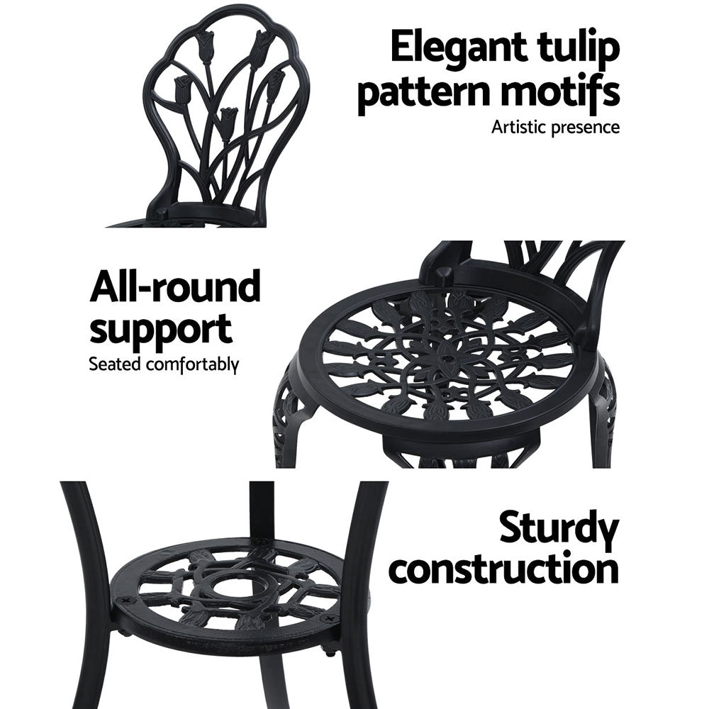 Gardeon 3PC Outdoor Setting Bistro Set Chairs Table Cast Aluminum Patio Furniture Tulip Black GB-CALU-3PC-XG1018-BK