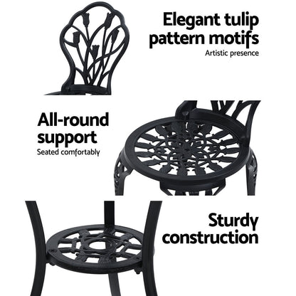 Gardeon 3PC Outdoor Setting Bistro Set Chairs Table Cast Aluminum Patio Furniture Tulip Black GB-CALU-3PC-XG1018-BK