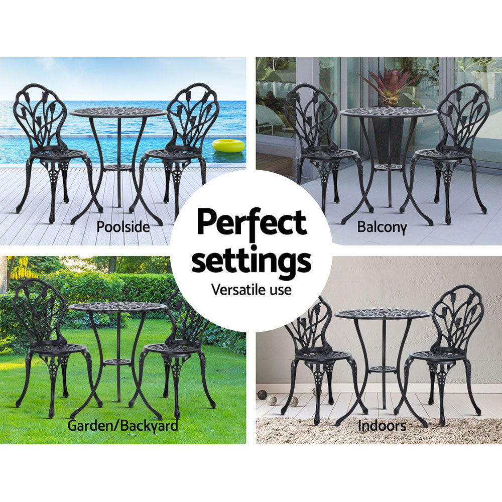 Gardeon 3PC Outdoor Setting Bistro Set Chairs Table Cast Aluminum Patio Furniture Tulip Black GB-CALU-3PC-XG1018-BK