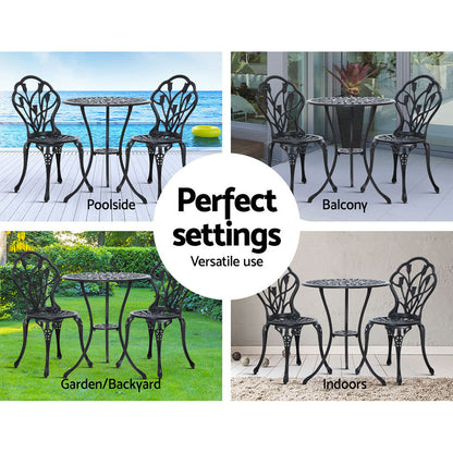 Gardeon 3PC Outdoor Setting Bistro Set Chairs Table Cast Aluminum Patio Furniture Tulip Black GB-CALU-3PC-XG1018-BK