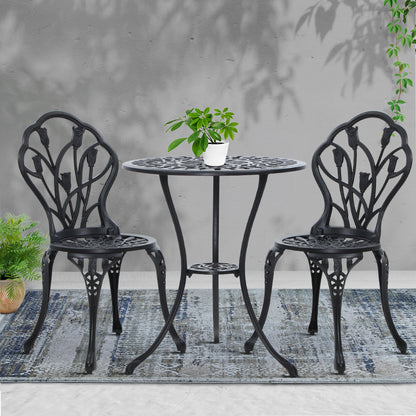Gardeon 3PC Outdoor Setting Bistro Set Chairs Table Cast Aluminum Patio Furniture Tulip Black GB-CALU-3PC-XG1018-BK