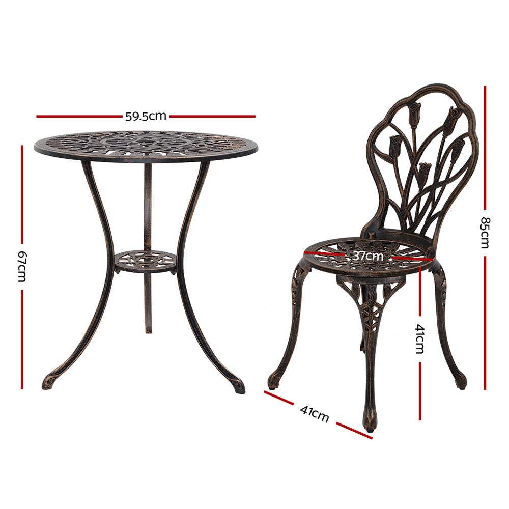 Gardeon 3PC Outdoor Setting Bistro Set Chairs Table Cast Aluminum Patio Furniture Tulip Bronze GB-CALU-3PC-XG1018-BZ