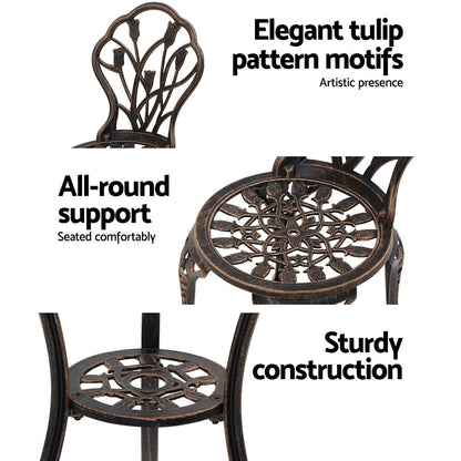 Gardeon 3PC Outdoor Setting Bistro Set Chairs Table Cast Aluminum Patio Furniture Tulip Bronze GB-CALU-3PC-XG1018-BZ