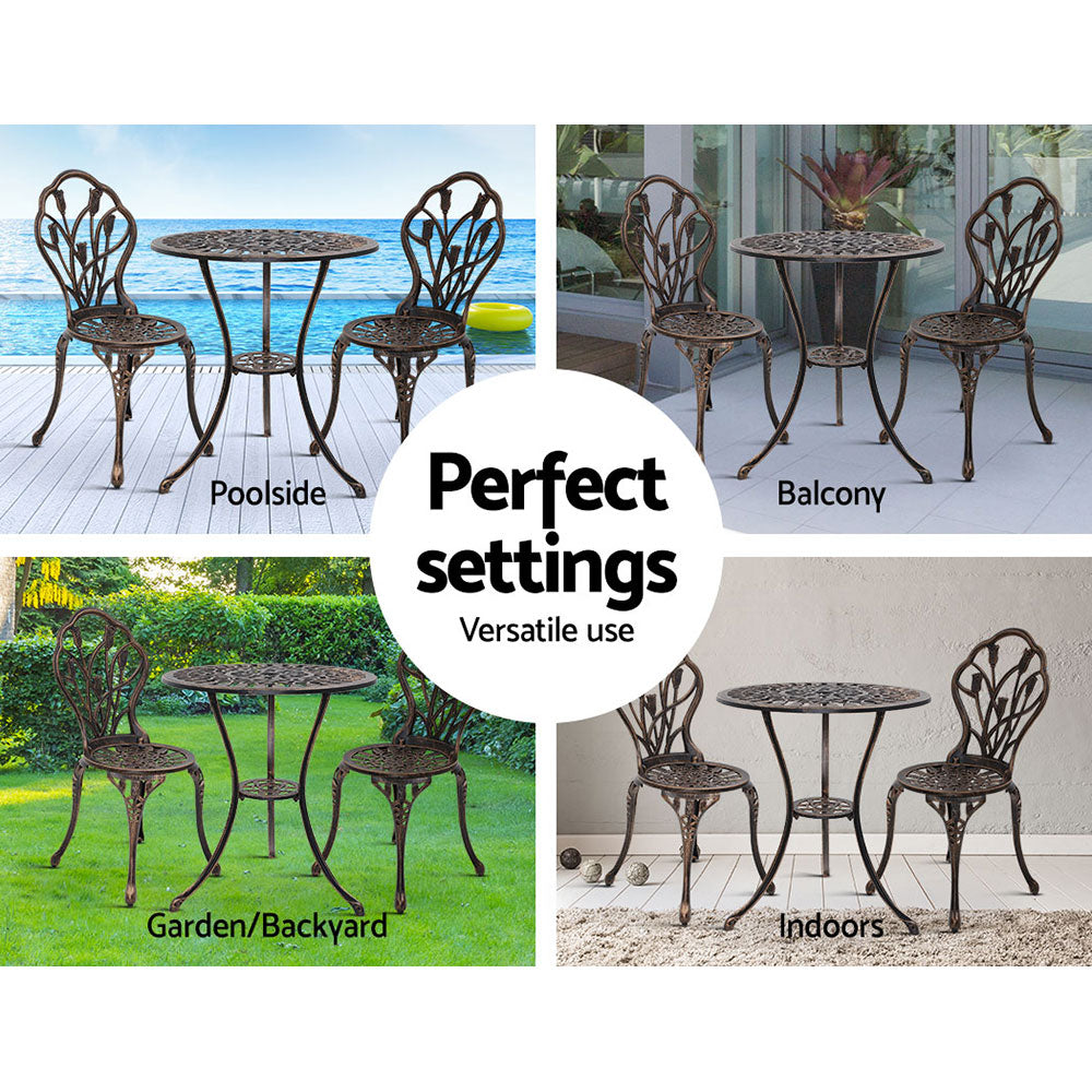 Gardeon 3PC Outdoor Setting Bistro Set Chairs Table Cast Aluminum Patio Furniture Tulip Bronze GB-CALU-3PC-XG1018-BZ