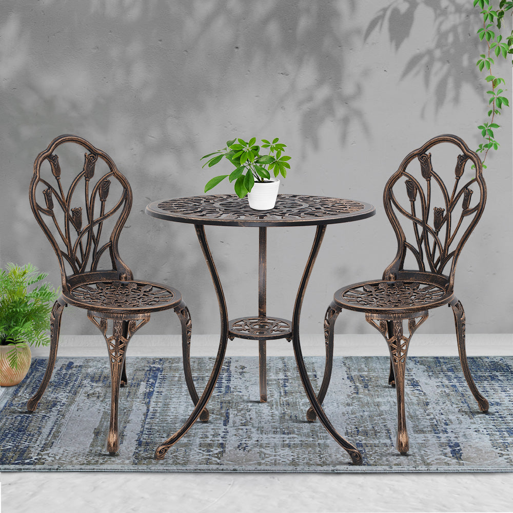 Gardeon 3PC Outdoor Setting Bistro Set Chairs Table Cast Aluminum Patio Furniture Tulip Bronze GB-CALU-3PC-XG1018-BZ
