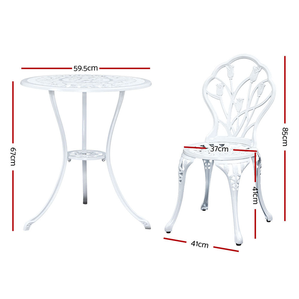 Gardeon 3PC Outdoor Setting Bistro Set Chairs Table Cast Aluminum Patio Furniture Tulip White GB-CALU-3PC-XG1018-WH
