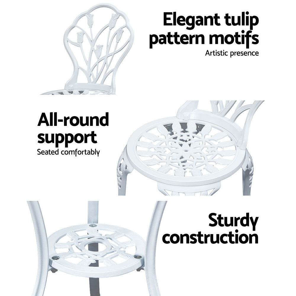 Gardeon 3PC Outdoor Setting Bistro Set Chairs Table Cast Aluminum Patio Furniture Tulip White GB-CALU-3PC-XG1018-WH