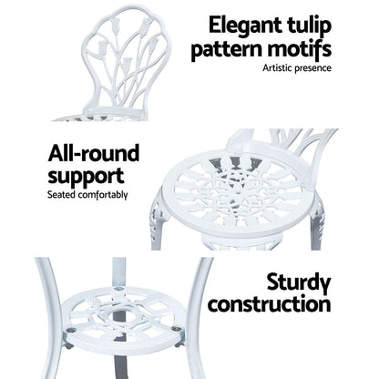 Gardeon 3PC Outdoor Setting Bistro Set Chairs Table Cast Aluminum Patio Furniture Tulip White GB-CALU-3PC-XG1018-WH