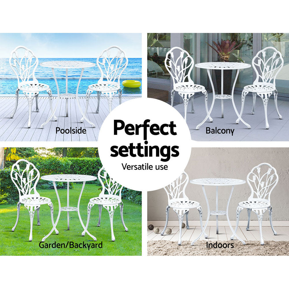 Gardeon 3PC Outdoor Setting Bistro Set Chairs Table Cast Aluminum Patio Furniture Tulip White GB-CALU-3PC-XG1018-WH