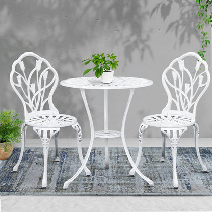Gardeon 3PC Outdoor Setting Bistro Set Chairs Table Cast Aluminum Patio Furniture Tulip White GB-CALU-3PC-XG1018-WH