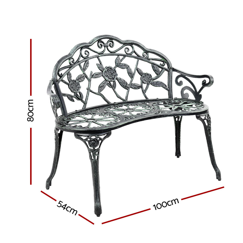 Gardeon Outdoor Garden Bench Seat 100cm Cast Aluminium Patio Chair Vintage Green GB-CALU-XG1002-GN