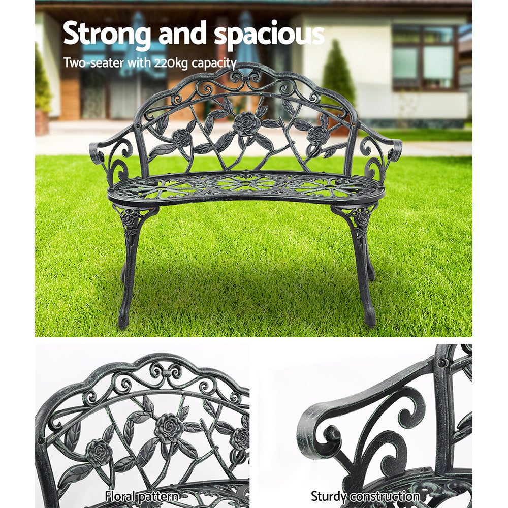 Gardeon Outdoor Garden Bench Seat 100cm Cast Aluminium Patio Chair Vintage Green GB-CALU-XG1002-GN