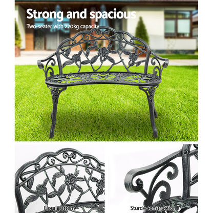 Gardeon Outdoor Garden Bench Seat 100cm Cast Aluminium Patio Chair Vintage Green GB-CALU-XG1002-GN