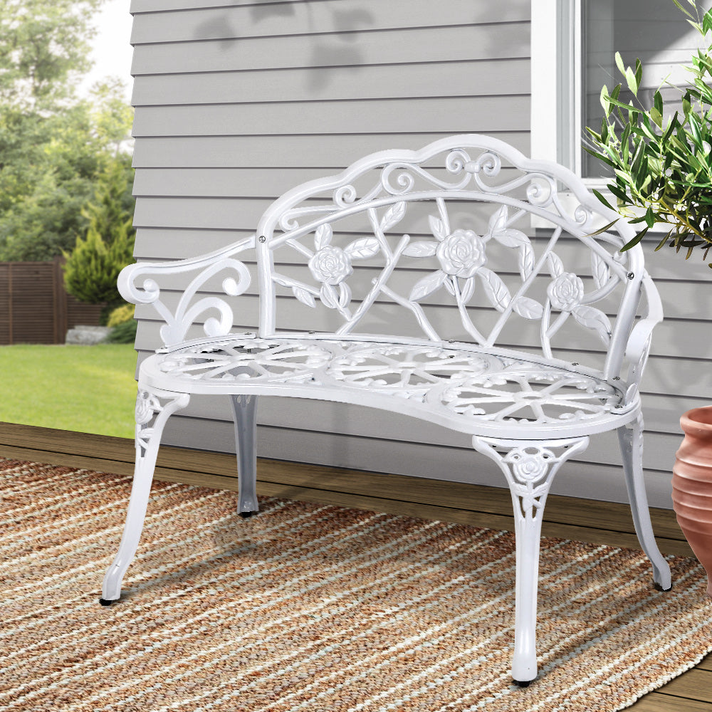 Gardeon Outdoor Garden Bench Seat 100cm Cast Aluminium Outdoor Patio Chair Vintage White GB-CALU-XG1002-WH