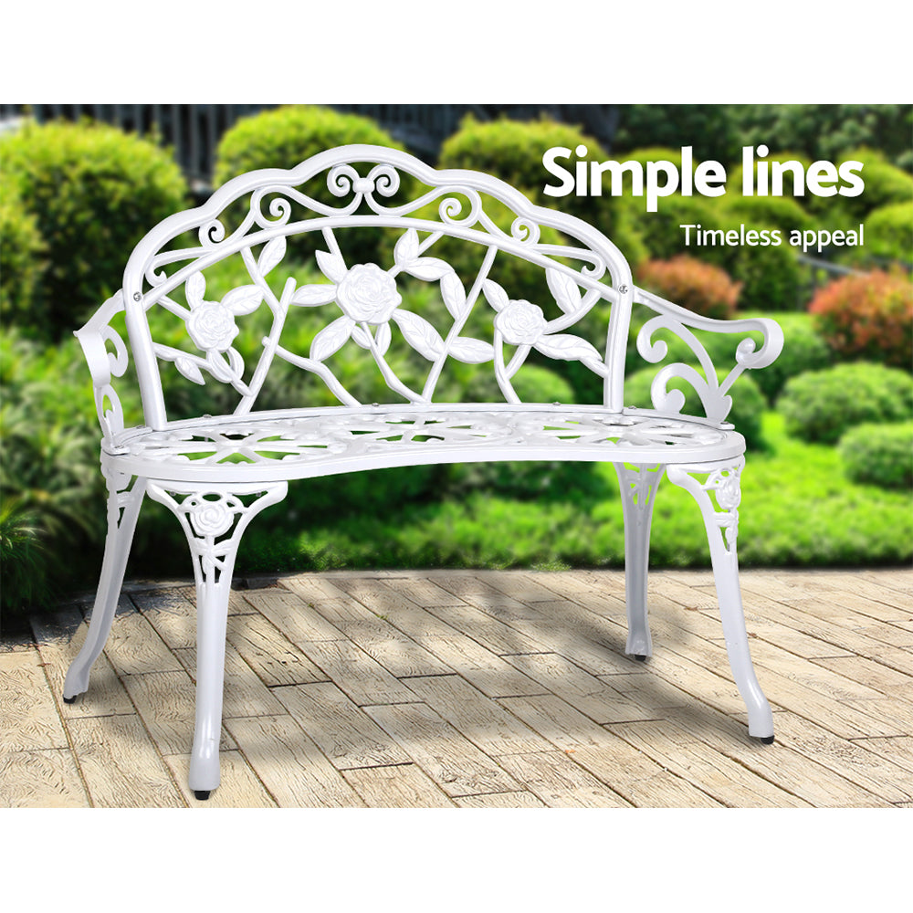 Gardeon Outdoor Garden Bench Seat 100cm Cast Aluminium Outdoor Patio Chair Vintage White GB-CALU-XG1002-WH