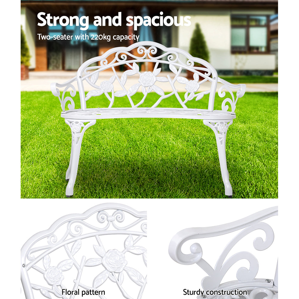 Gardeon Outdoor Garden Bench Seat 100cm Cast Aluminium Outdoor Patio Chair Vintage White GB-CALU-XG1002-WH